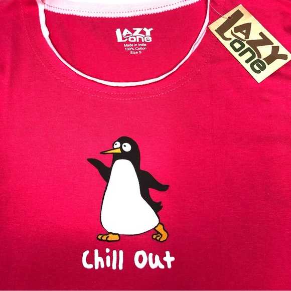 Lazy One Junior Fitted Pajama Top Pink “Chill Out” With Penguin Screen Print - Picture 2 of 3